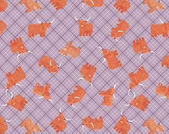 Highland Cows Check Heather Cotton Fabric by Lewis & Irene, Animal Print, Quilting Sewing Craft Material