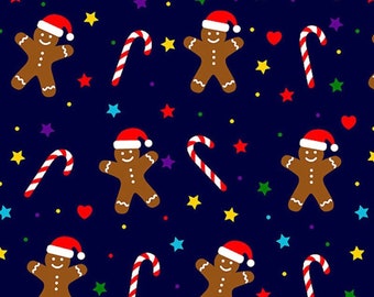 May include: A repeating pattern on a navy blue background features gingerbread men wearing Santa hats, candy canes, red hearts, and colorful stars. The gingerbread men have smiling faces and are decorated with white icing.