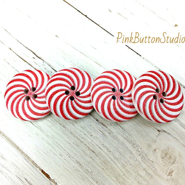 Christmas Buttons, Candy Cane Buttons, Wooden Buttons, 30 mm Red and White Spiral Buttons, Festive Buttons, Four Hole Buttons, Pack of 6