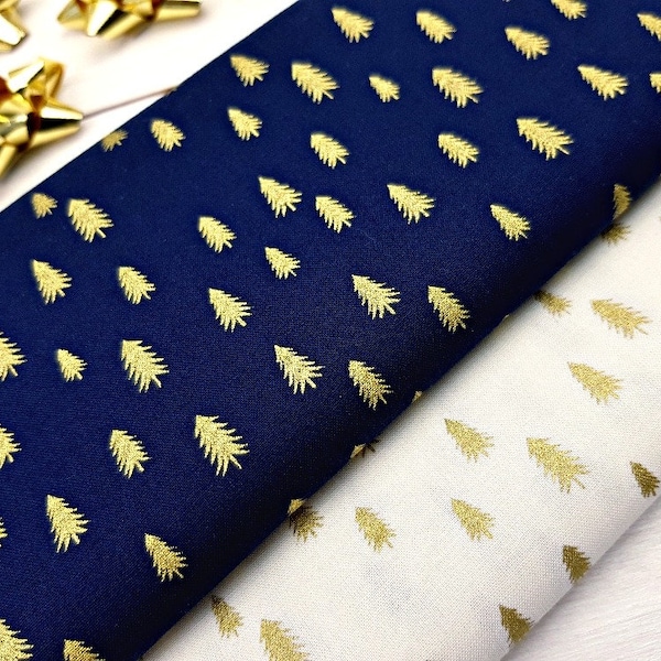 Festive Metallic Gold Sparkling Christmas Tree Ivory/Navy, 100% Cotton, Quilt Fabric, 140 cm Wide Material by Fat Quarter/Half Metre/Metre