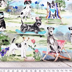 May include: Fabric with a whimsical print featuring various dog breeds in a park setting. Dogs are depicted wearing sunglasses, hats, and ties, some on skateboards or relaxing in beach chairs. The background includes flowers, trees, and a small dog bowl.