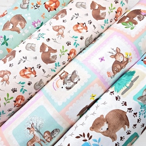 Woodland Fabric, 100% Baumwolle, Quilt Näh- und Bastelstoff, Bär Fuchs Hirsch Eule Druck, Kinder Baby Nursery Material von Fat Quarter / Halbe Meter / Meter