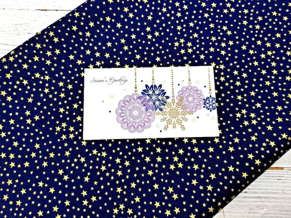 Christmas Metallic Gold Stars Fabric, 100% Cotton, Festive Small Print on Navy, 140 cm Width Quilting Fabric by Fat Quarter/Half Metre/Metre