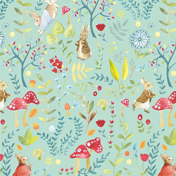 Peter Rabbit Fabric, 100% Cotton, Quilting Fabric, Woodland Forest Bunny Floral Print, Baby Nursery Material by Fat Quarter/Half Metre/Metre