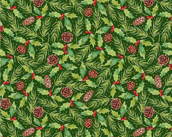 Pinecones Holly Berry Cotton Fabric, Festive Christmas Forest Foliage Print, Quilting Sewing Craft Material