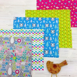 Woodland Fat Quarter Bundle, 100% Cotton, Quilting Fabric, Cute Fox Bear Hare Squirrel Fat Quarters, Forest Animals Baby Fabric, Set of 5