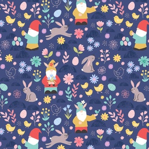 Easter Fabric, 100% Premium Cotton Fabric Lewis & Irene, Bunny Eggs Gnomes Birds Floral Spring Flowers Cotton Print on Blue, Quilt Fabric