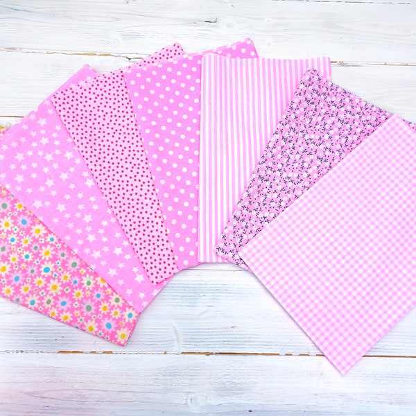 Pink Fat Quarter Bundle, 100% Cotton, Quilting Sewing Craft Fabric, Small Print Fat Quarters, Pink Patterns Lightweight Cotton, Set of 7