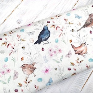 Birds Fabric, 100% Premium Cotton Fabric, Floral Garden Birds Print on Cream, Quilting Sewing Craft Material by Fat Quarter/Half Metre/Metre