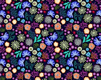 Under the Sea Cotton Fabric by Lewis & Irene, Corals on Navy, Quilting Sewing Craft Material