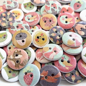 Woodland Wooden Buttons, Kids Buttons, Baby Buttons, Sewing Knitting Scrapbooking 15 mm Buttons, Cute Owl Fox Bird Acorn Buttons, Pack of 10