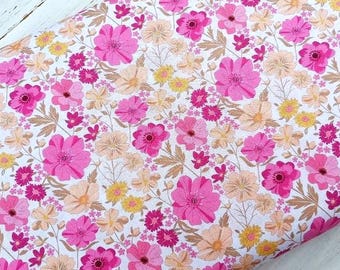 Floral Fabric, 100% Organic Cotton, Summer Flowers Print on White, Quilting Sewing Craft Material