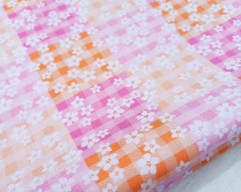 Floral Check Fabric, 100% Organic Cotton, Summer Flowers Print, Quilting Sewing Craft Material