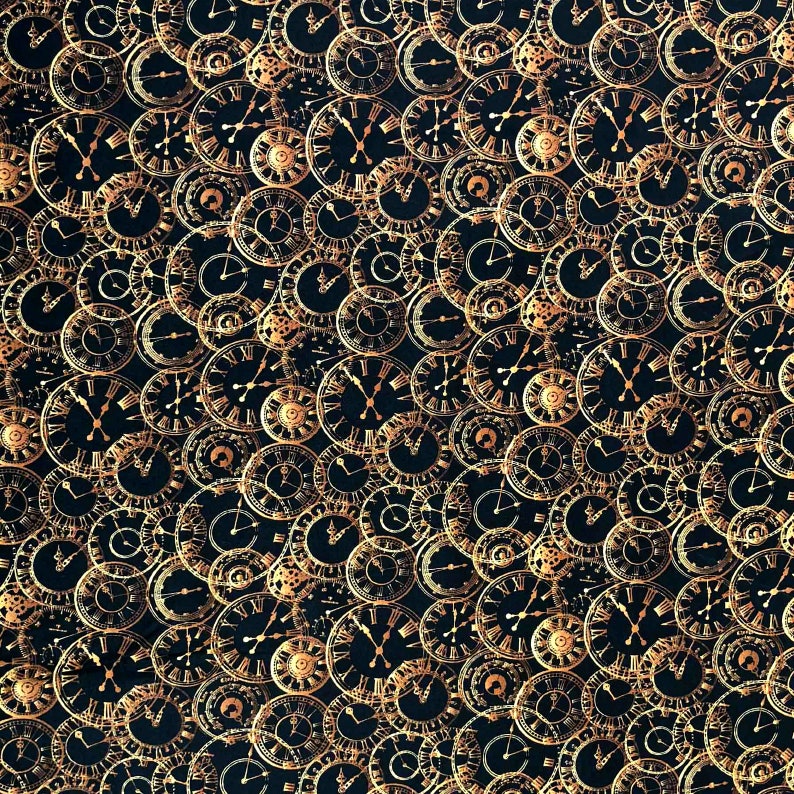 May include: A seamless pattern of gold clock faces on a black background. The clocks are of various sizes and styles, with Roman numeral markings.