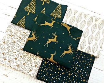 Christmas Fat Quarter Bundle, 100% Cotton, Quilting Sewing Craft Fabric, Festive Forest Fat Quarters, Christmas Deer Material, Set of 5