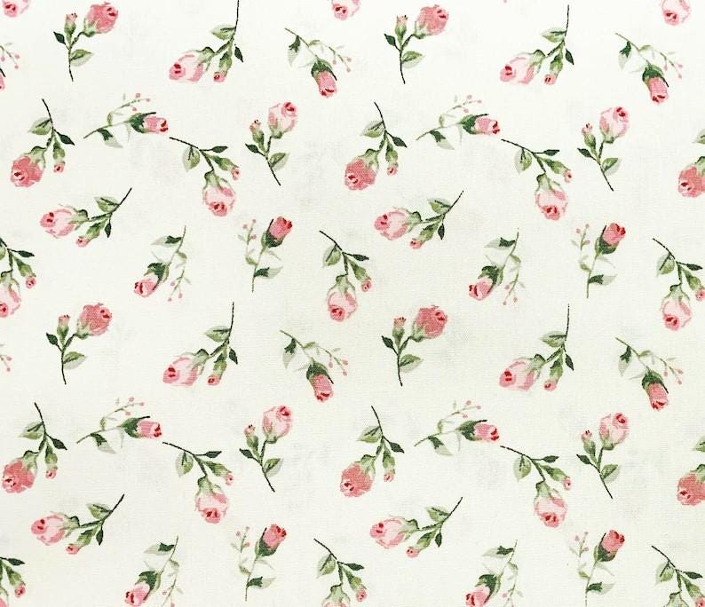 Rose Bud Fabric, 100% Cotton Poplin, Small Flowers Floral Print on Cream, Quilting Sewing and Craft Fabric by Fat Quarter/Half Metre/Metre