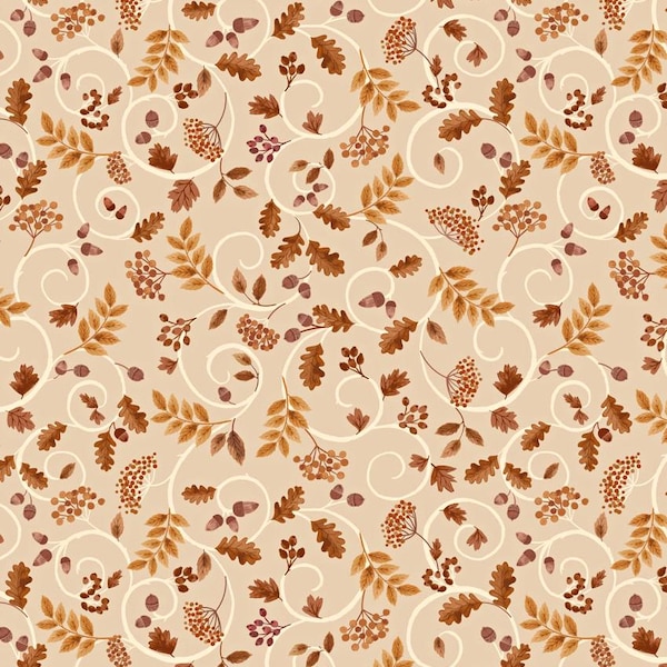 Woodland Autumn Forest 100% Premium Cotton Fabric Lewis & Irene, Leaves Berries Acorn Floral Print on Natural, Quilt Sewing Craft Material