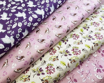 Vogelstof, 100% katoen, quiltstof, tuinvogels katoenprintcollectie in paars, natuurstof per fat Quarter/halve meter/meter
