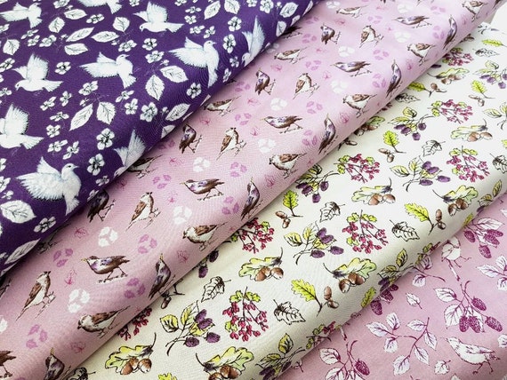 Bird Fabric, 100% Cotton, Quilting Fabric, Garden Birds Cotton Print Collection in Purple, Nature Fabric by the Fat Quarter/Half Metre/Metre