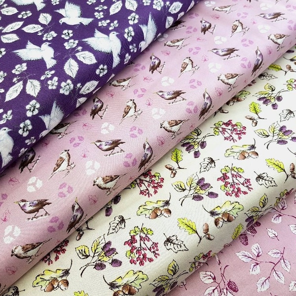 Bird Fabric, 100% Cotton, Quilting Fabric, Garden Birds Cotton Print Collection in Purple, Nature Fabric by the Fat Quarter/Half Metre/Metre