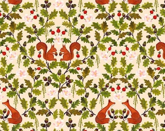 Fox and Squirrel Cotton Fabric by Lewis & Irene, Woodland Forest Floral Print, Quilting Sewing Craft Material