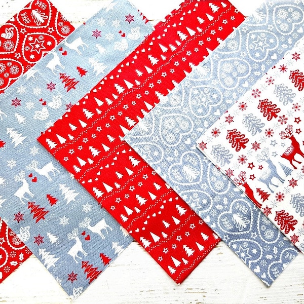 Christmas Fat Quarter Bundle, 100% Cotton, Festive Scandi Fat Quarters Red Grey, Quilting Fabric, Reindeers Forest Cotton Print, Set of 5