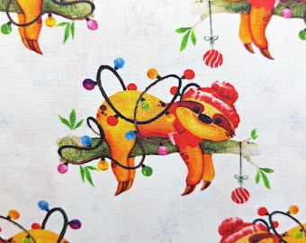 Christmas Sloth Fabric, 100% Cotton, Festive Material, Quilting Fabric, 140cm Width Craft and Sewing Fabric by Fat Quarter/Half Yard/Yard