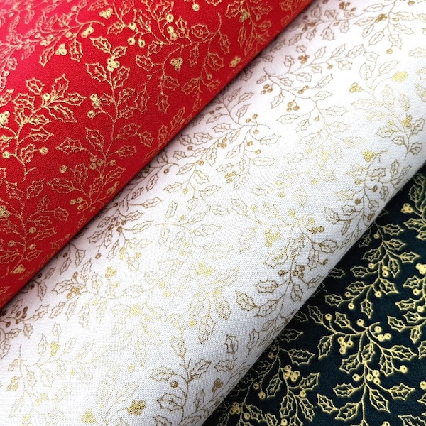Christmas Holly Berry Metallic Gold Fabric, 100% Cotton, Quilting Sewing Craft 140 cm Wide Festive Material by Fat Quarter/Half Metre/Metre