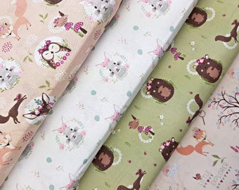Woodland Animals Fabric, 100% Cotton, Fox Owl Hare Deer Hedgehog Cotton Print, Quilting Sewing Craft Fabric by Fat Quarter/Half Metre/Metre