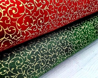 Christmas Floral Swirls Metallic Gold Fabric on Red/Green, 100% Cotton, Festive Quilting Sewing Craft Material