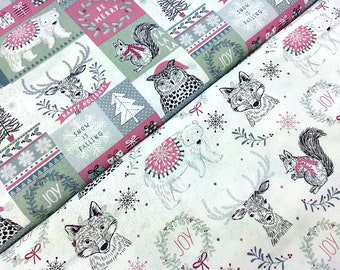 Christmas Fabric, Animal Fabric, 100% cotton, Quilting Fabric, Woodland Animals Print, Christmas Material by Fat Quarter/Half Metre/Metre