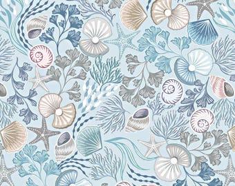 Ocean Themed Cotton Fabric by Lewis & Irene, Shells and Pearls on Gentle Blue  with Pearl, Quilting Sewing Craft Material