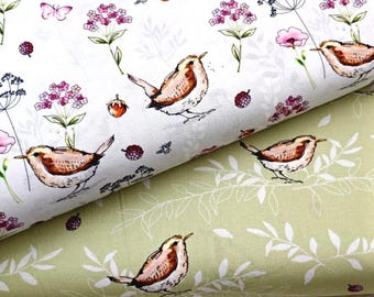 Birds Fabric, 100% Cotton, Floral Garden Flowers Bird Print, Nature Fabric, Quilting Sewing Craft Material by Fat Quarter/Half Metre/Metre
