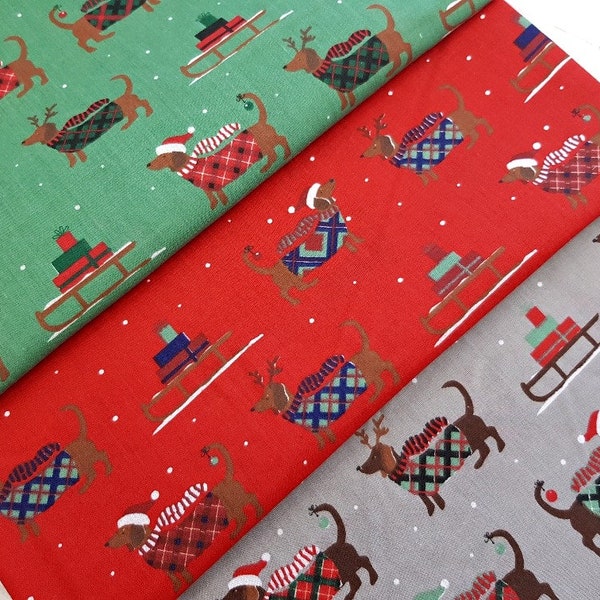 Christmas Sausage Dog Dachshund Polycotton Fabric, Quilting Sewing Craft Animal Fabric, Festive Material by the Fat Quarter/Half Metre/Metre
