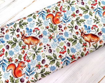 Woodland Fabric, 100% Premium Cotton Fabric, Hare Squirrel Forest Print on Ivory, Quilt Sewing Craft Fabric by Fat Quarter/Half Yard/Yard