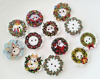 Christmas Buttons, Wooden Buttons, Various Christmas Prints, Festive Buttons, Ideal for Sewing/Knitting/Clothes & Scrapbooking, Pack of 10