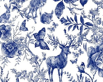 Bosstof, 100% katoen, blauwe inkt bos katoenprint, hert en haas, quiltmateriaal 147 cm breed, per dikke meter/halve meter/meter