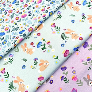 Floral Bunny Jersey Fabric, 150 cm Wide T-shirt Dressmaking Fabric, Children Clothes Material, Jade Lilac Blue Stretchy Fabric by Half Metre image 2