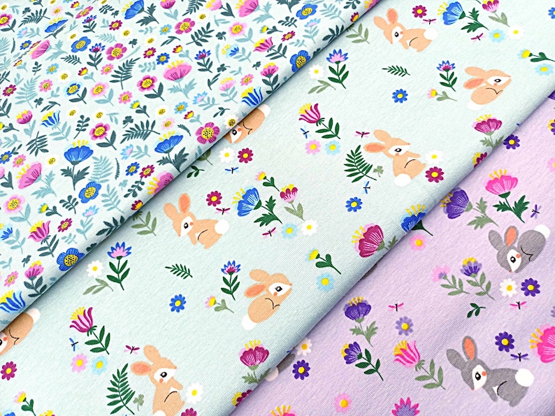 Floral Bunny Jersey Fabric, 150 cm Wide T-shirt Dressmaking Fabric, Children Clothes Material, Jade Lilac Blue Stretchy Fabric by Half Metre image 2