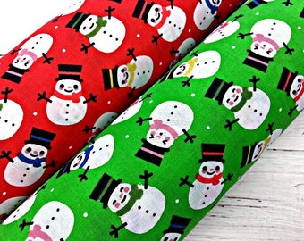 Weihnachten Schneemann Stoff, Polycotton Stoff, Süßer Schneemann Druck auf Rot/Grün, Näh- und Bastelstoff Meterware