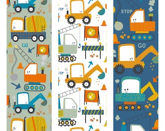May include: Three seamless patterns featuring cartoon construction vehicles in various colors, including yellow, orange, blue, and green. The patterns include stop and go signs, as well as other construction-themed elements.