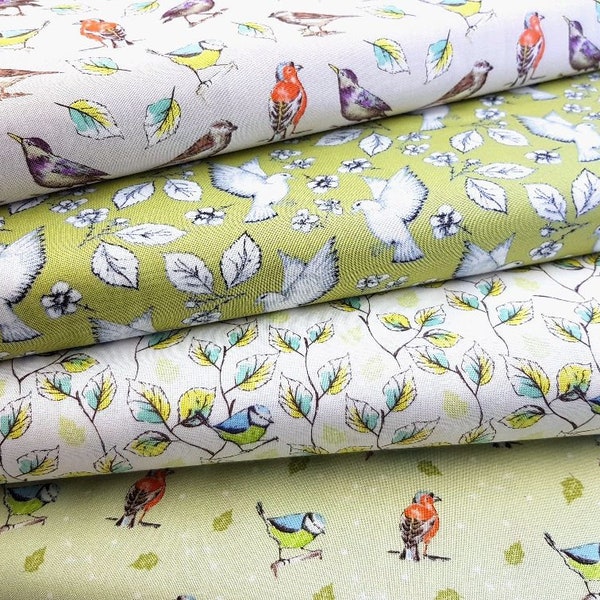 Birds Fabric, 100% Cotton, Quilting Fabric, Garden Birds Cotton Print Collection in Green, Nature Fabric by the Fat Quarter/Half Metre/Metre