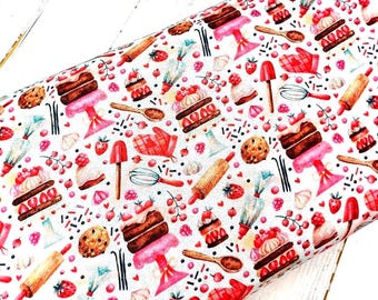 Baking Fabric, 100% Cotton, Strawberry Cake Cupcake Sweets Print, Kitchen Fabric, Quilt Sewing Craft Fabric by Fat Quarter/Half Metre/Metre