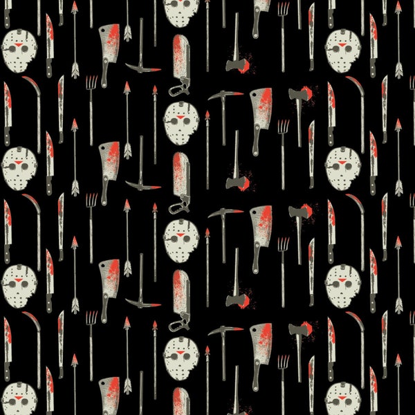 Halloween Fabric, Weapons and Masks Friday 13th Cotton Print, Quilting Fabric, Sewing and Craft Material by the Far Quarter/Half Metre/Metre