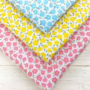 Floral Fabric, Poly Cotton Fabric, Small Print Fabric, Floral Print Cotton, Flower Fabric, Small Flower Fabric, Blue Pink Yellow Material
