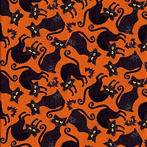 Halloween Black Cats Fabric, 100% Cotton, Quilt Material, Spooky Horror Fabric, Black Cats and Bats Fabric by Fat Quarter/Half Metre/Metre
