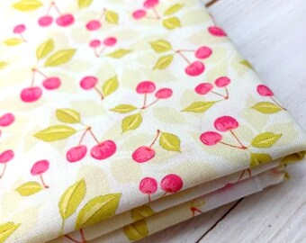 Cherry Fabric, 100% Organic Cotton, Summer Fruit Print on Ivory, Food Material, Quilting Sewing Craft Fabric by Fat Quarter/Half Metre/Metre