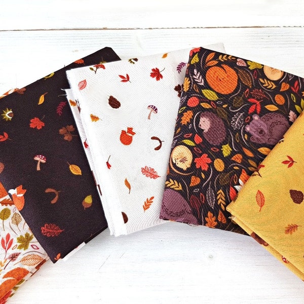 Autumn Woodland Fat Quarter Bundle, 100% Cotton Fabric Lewis & Irene, Fox Bear Squirrel Forest Animals Print, Quilt Sewing Fabric, Set of 5