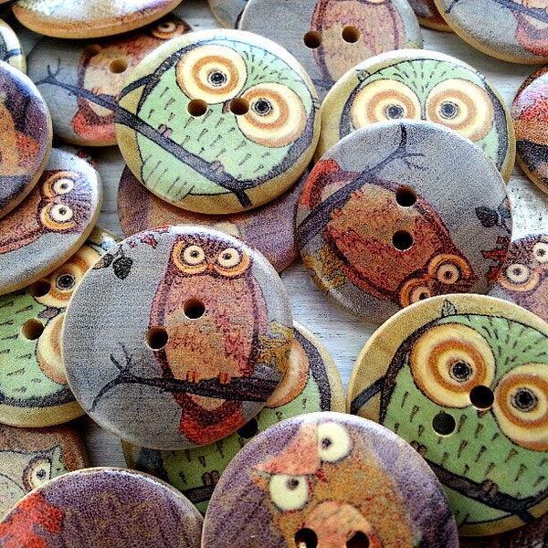 Wooden Buttons, Owl Buttons, Sewing Embellishments, Bird Buttons, Woodland Buttons, Forest Buttons, 30 mm Two Holes Round Buttons, Pack of 6