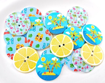 Summer Holiday Wooden Buttons, Flamingo Tropical Palm Lemon Mixed Designs Buttons, Sewing Scrapbooking Craft 25 mm Buttons, Pack of 10